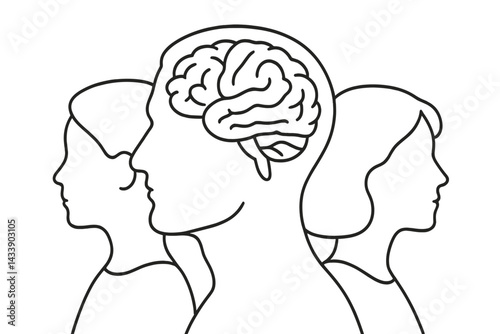 Silhouette icon set showing human heads featuring detailed brains, symbolizing intelligence and cognition in various mind-related concepts