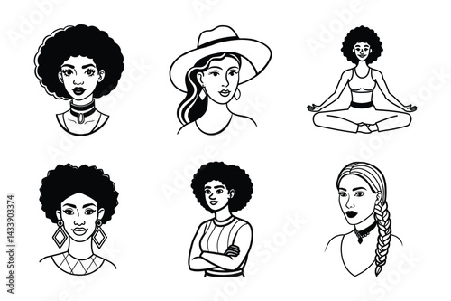 Black and white vector illustrations of women with diverse hairstyles and outfits, showcasing confidence, beauty, and inner strength in various empowering poses.