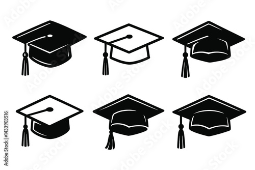 Collection of graduation caps icons in various styles and designs for educational themes