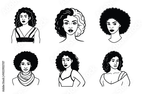 Black and white vector illustrations of women with bold and voluminous curly hairstyles, showcasing diverse beauty and confident femininity in various poses.
