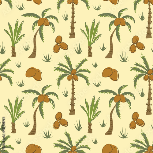 Wallpaper Mural Abstract pattern with palm trees and coconuts in trendy colors. Exotic tropical background with coconuts. Vector seamless pattern. Summer beach design in the jungle. Torontodigital.ca