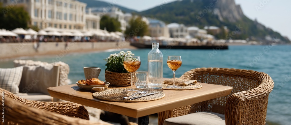 Obraz premium Coastal Breakfast Scene Tranquil Seaside Dining