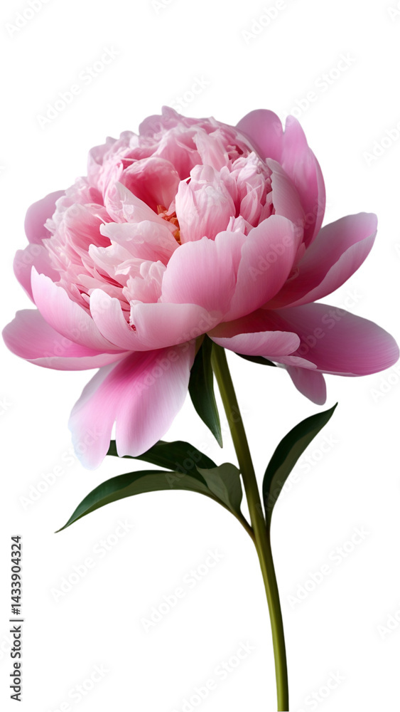 Realistic Single Pink Peony Flower in Full Bloom with Green Stem, Isolated on Transparent Background Realistic Single Pink Peony Flower in Full Bloom with Green Stem, Isolated on Transparent Background