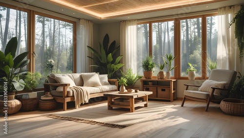 Serene Living Room,Sunlight streams through expansive windows illuminating a tranquil living room adorned with natural wood furniture, lush potted plants, and soft beige textiles.