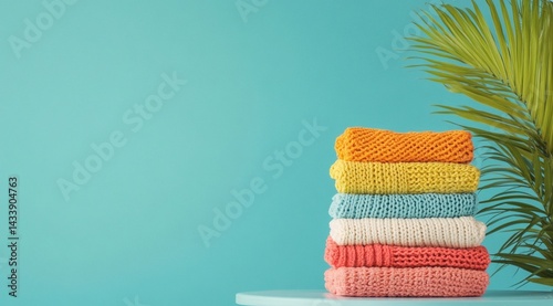 A neat stack of colorful knitted sweaters sits on a turquoise table, set against a vibrant teal background with a green palm leaf adding a tropical touch—bright, cozy, and fresh in mood.