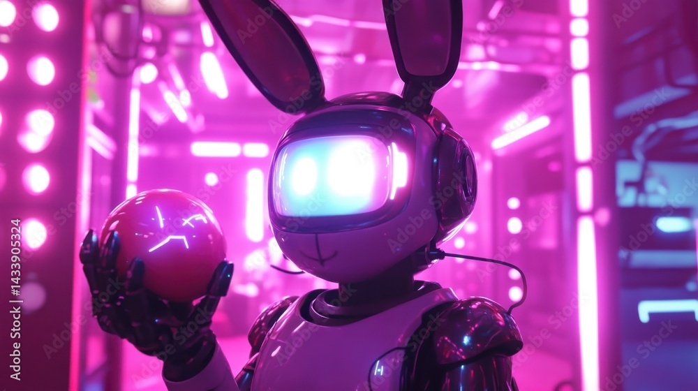 Fototapeta premium Robotic Bunny in Neon Pink Setting Holding Red Orb