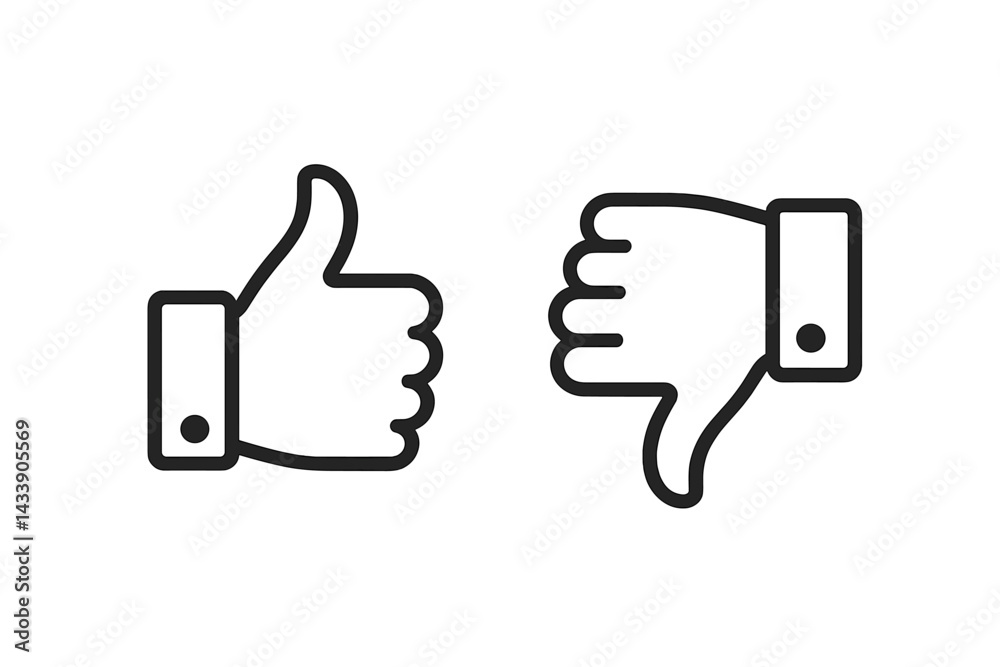 Hand gesture icons representing approval and disapproval in a minimalist design featuring thumbs up and thumbs down symbols Hand gesture icons representing approval and disapproval in a minimalist design featuring thumbs up and thumbs down symbols