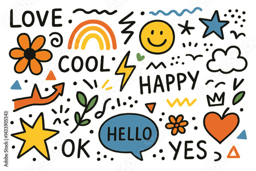 Unique icon set featuring cheerful and vibrant doodles representing positivity and fun