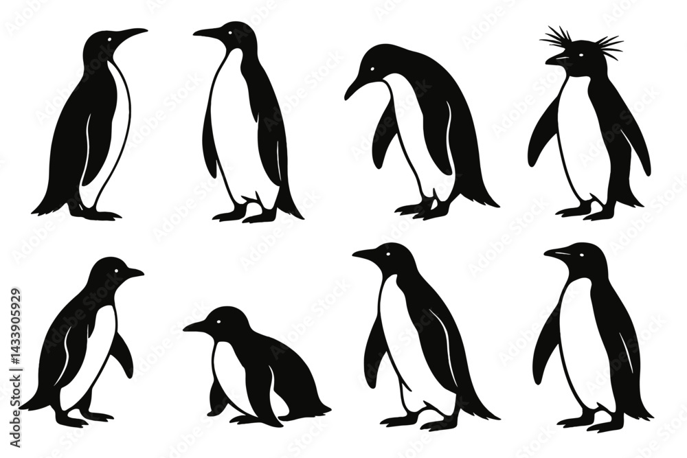 Naklejka premium Unique icon set featuring various penguin designs in black and white with distinctive poses and styles for creative projects