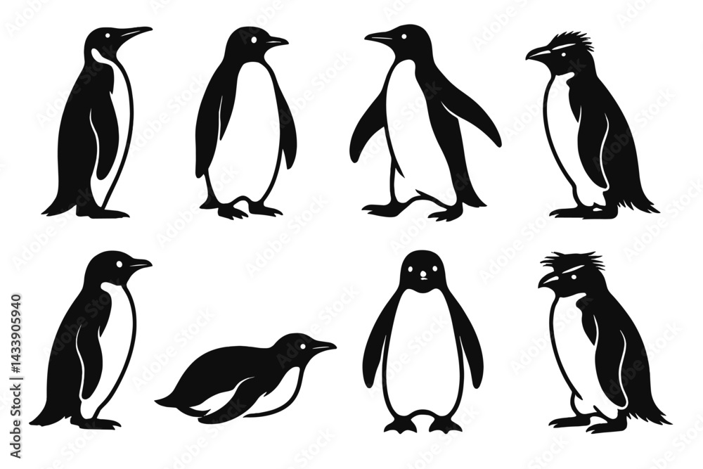 Naklejka premium Unique icon set featuring various penguin designs in a minimalistic style for versatile applications