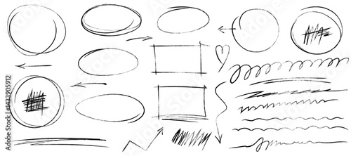 Set of sketchy shapes and underline elements Scrawls, highlights, hand drawn arrows, grunge lines, crayon scribbles, rough brush charcoal pen stroke, emphasis marks. Sketches of ellipse rectangle oval