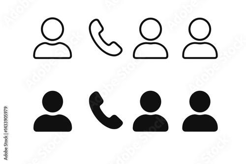 Collection of minimalistic icon set featuring user profiles and telephone symbols for communication design