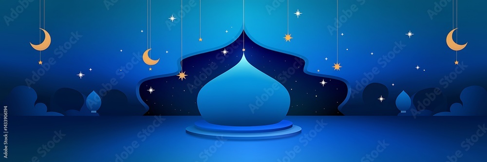Naklejka premium Refined 2D Minimalist Background in Deep Blue Hues Featuring Soft Light Effects Elegant Islamic Motifs Gold Accents Hanging Crescent Moons and Subtle Starry Details for a Warm and Spiritual Atmosphere