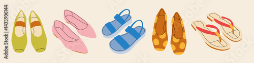 Set female summer shoes. Sandals, mules, ballet flats, flip-flops. Stylish modern design. Flat hand drawn colorful vector illustration isolated on white background. 