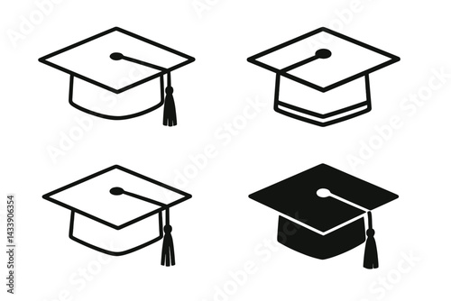 Icon set featuring various designs of graduation caps in black and white styles for educational themes