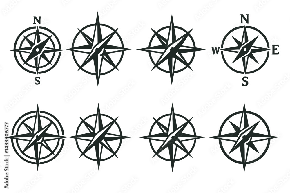 Fototapeta premium Various compass icons showcasing different styles and orientations for navigation and design applications