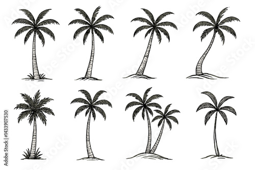 Unique hand-drawn palm tree icon set featuring various styles and orientations for design projects