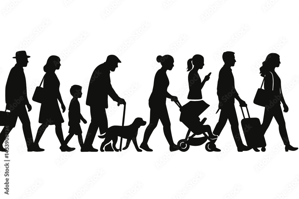 Fototapeta premium Silhouette icon set depicting diverse individuals in various activities such as walking, pushing strollers, and carrying bags