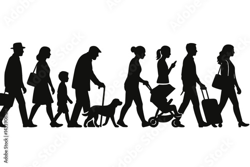 Silhouette icon set depicting diverse individuals in various activities such as walking, pushing strollers, and carrying bags