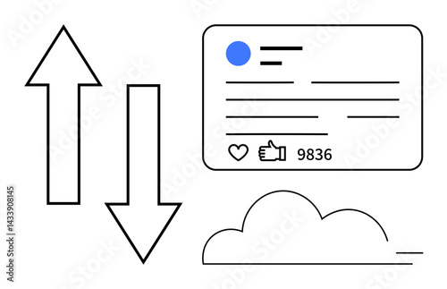Up and down arrows next to a social media panel with thumbs ups, comments, and user engagement stats above a cloud. Ideal for social media strategy, content evaluation, feedback dynamics, user