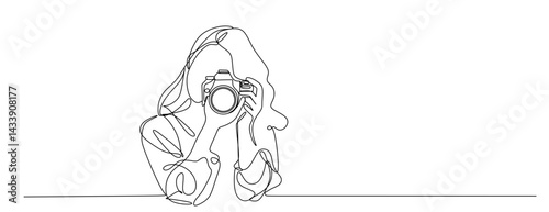 continuous single line drawing of woman with DSLR camera taking pictures  line art vector illustration