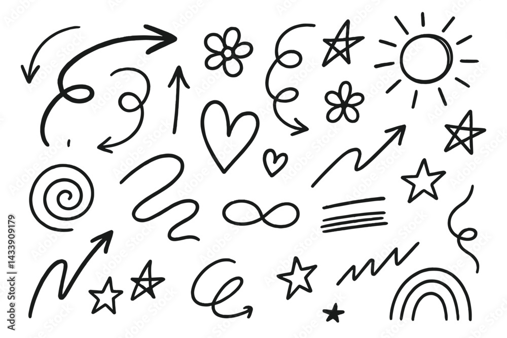 Icon set featuring various hand-drawn symbols including arrows, flowers, hearts, stars, and swirls for creative projects Icon set featuring various hand-drawn symbols including arrows, flowers, hearts, stars, and swirls for creative projects