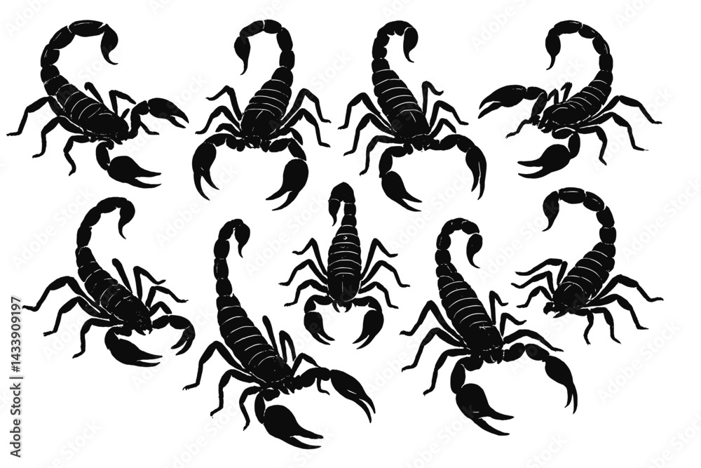 Naklejka premium Unique black scorpion icon set for creative design projects and digital applications