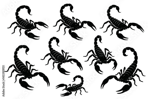 Set of black scorpion icons for design and illustration projects featuring various poses and angles