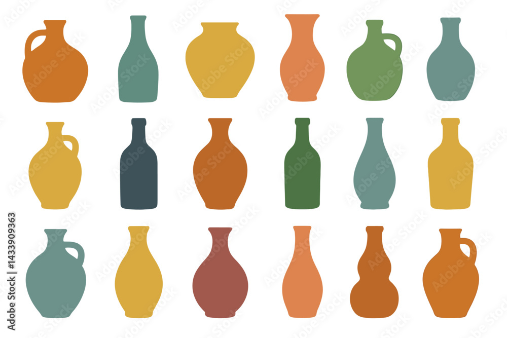 Collection of colorful vase icons in various shapes and sizes arranged in a grid pattern for decorative use Collection of colorful vase icons in various shapes and sizes arranged in a grid pattern for decorative use