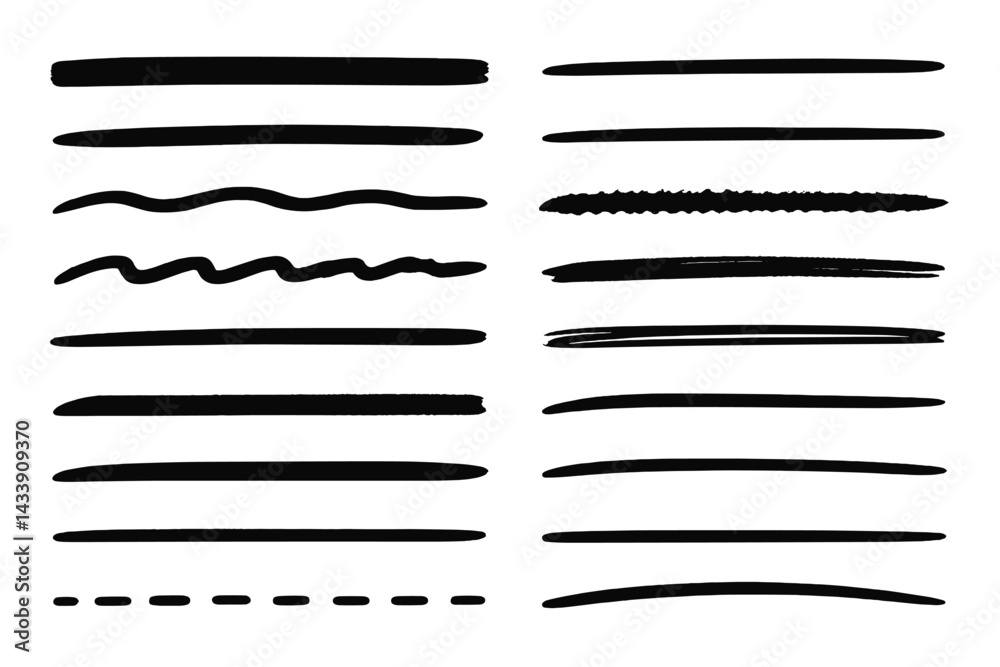 Collection of black line icons showcasing various brush stroke styles for artistic projects Collection of black line icons showcasing various brush stroke styles for artistic projects