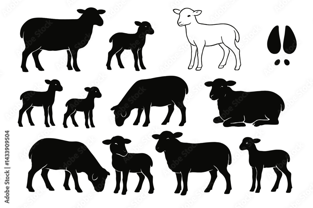 Collection of black silhouette icons depicting sheep and lambs in various poses and sizes