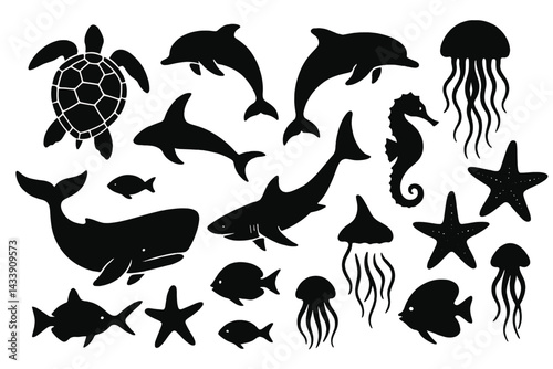 Icon set featuring marine creatures including a turtle, dolphins, jellyfish, seahorse, and more in black silhouette design