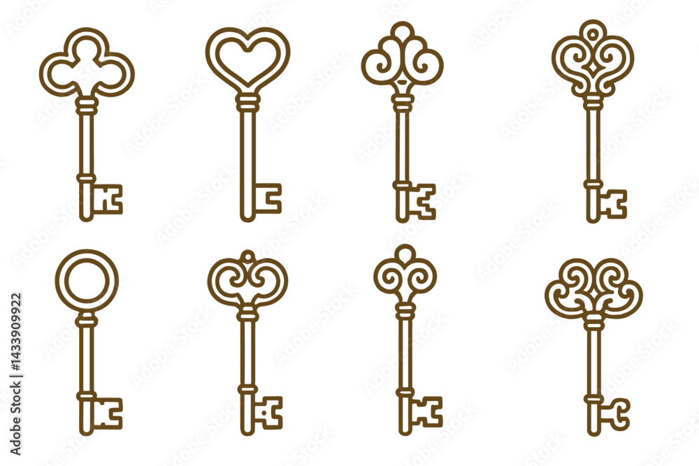 Unique and decorative icon set featuring various key designs for digital or print use in creative projects Unique and decorative icon set featuring various key designs for digital or print use in creative projects
