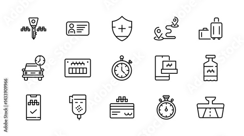 Taxi cab, car service line icon set. Rideshare, travel driver, passenger, taxi app, fare, Hail a Cab, location, rent a car, vector icon collection. UI outline icon pack