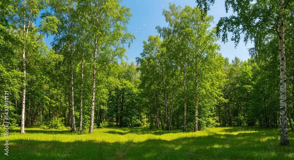 Obraz premium Sunny birch forest path through green