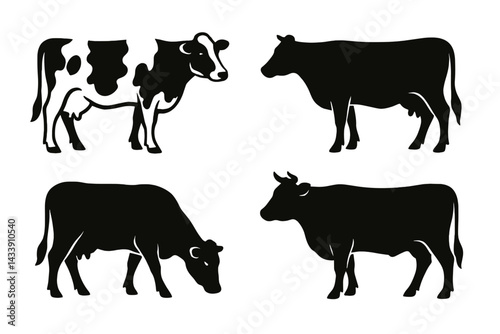 Various black and white cow silhouettes ideal for farm or animal-themed graphics and designs