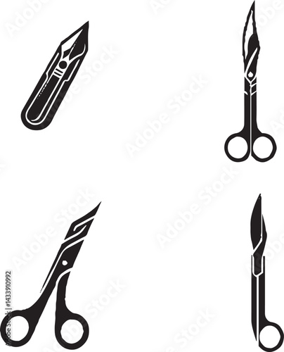 Vector Illustration of Different Types of Scissors and Scalpels - Black and White Silhouette Clipart
