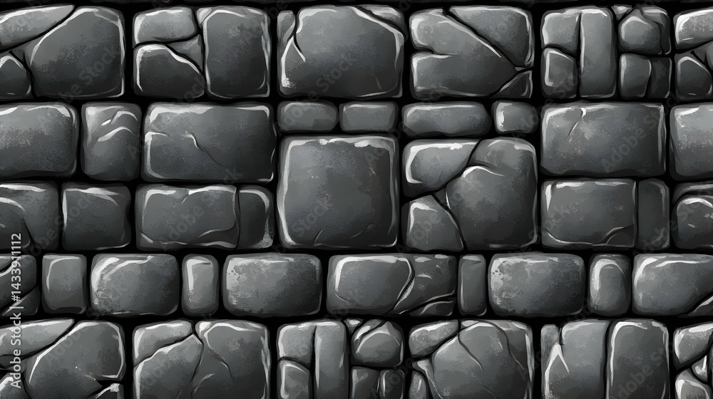 Fototapeta premium Dark Gray Stone Brick Wall Texture with Cracks Detailed Stone Blocks Rough Surface and Weathered Look Perfect for Backgrounds and Textures
