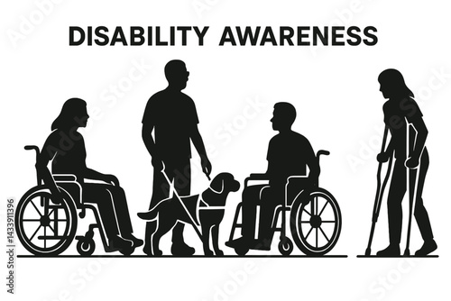 Disability awareness icon set showcasing diverse individuals and their mobility aids in various scenarios