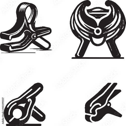 Vector Illustration of Various Clamps - Black and White Silhouette Clipart
