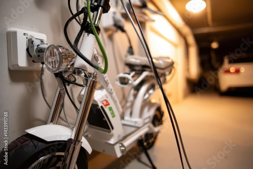 A close-up of an electric scooter charging in a garage with a car in the background