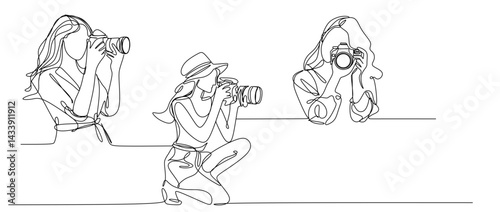 continuous single line drawing of woman with DSLR camera taking pictures  line art vector illustration