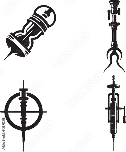 Vector Illustration of Medical and Scientific Instruments - Black and White Silhouette Design