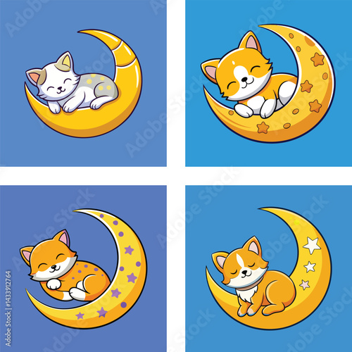 Set Of Cute Cartoon Cats Sleeping Peacefully On Crescent Moons