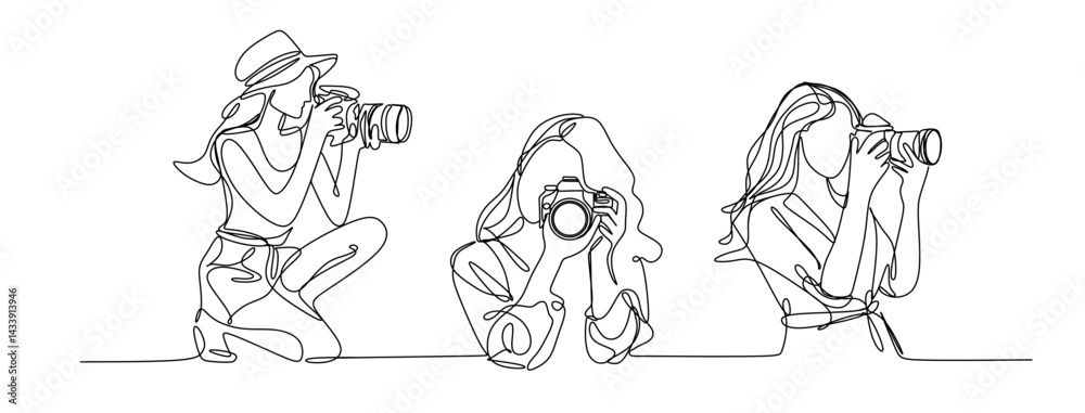 continuous single line drawing of woman with DSLR camera taking pictures line art vector illustration continuous single line drawing of woman with DSLR camera taking pictures line art vector illustration
