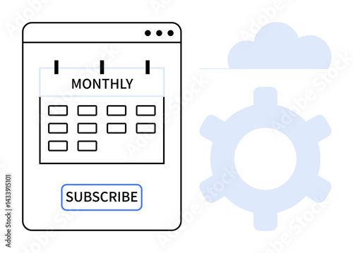 Calendar labeled Monthly with subscribe button, accompanied by cloud and gear icon. Ideal for subscription models, scheduling, digital services, automation, software management, cloud-based systems