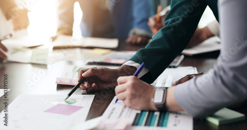 Obraz na płótnie People, paperwork or hands of accountant in meeting for finance management or budget review. Financial business, teamwork or profit report update for audit document, accounting or company spreadsheet w salonie