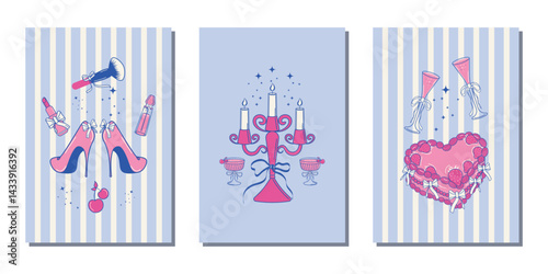 A set of abstract vintage posters for a bachelorette party, birthday, wedding. Modern prints with painted cosmetics, cake, glasses, candle holder. The concept of the holiday. Vector design.