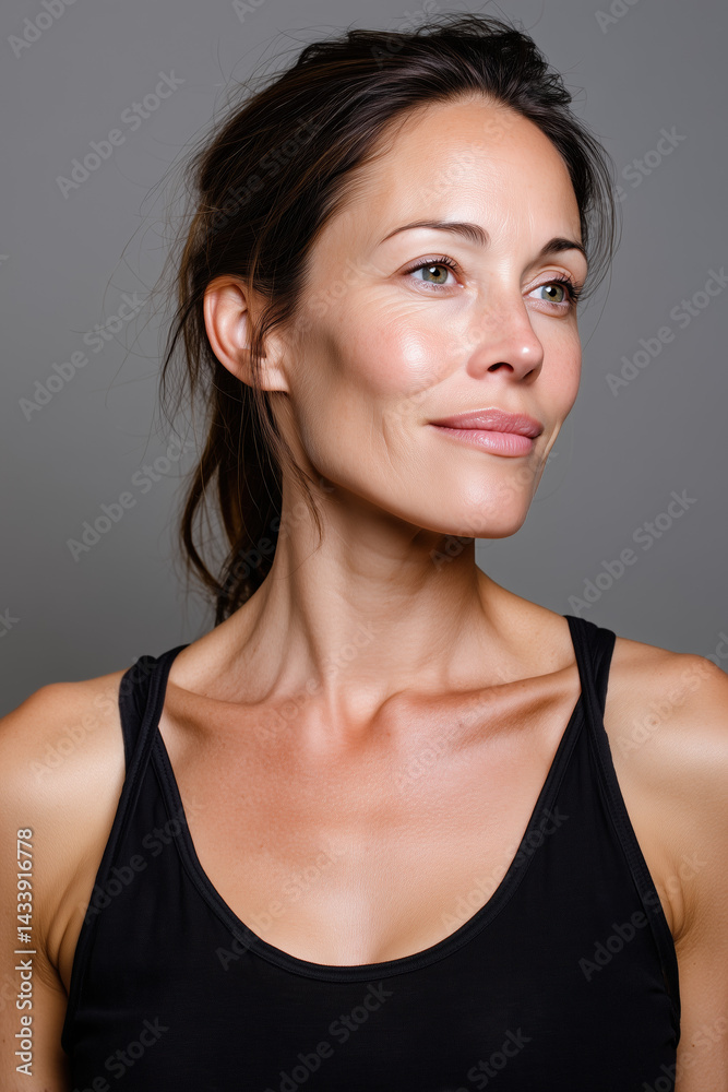 Portrait d'une femme de 50ans lumineux sur fond gris, beauté naturelle en débardeur noir Portrait d'une femme de 50ans lumineux sur fond gris, beauté naturelle en débardeur noir