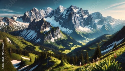 Majestic alpine mountain range under a clear blue sky, featuring snow-capped peaks and a lush green valley below. Generative AI